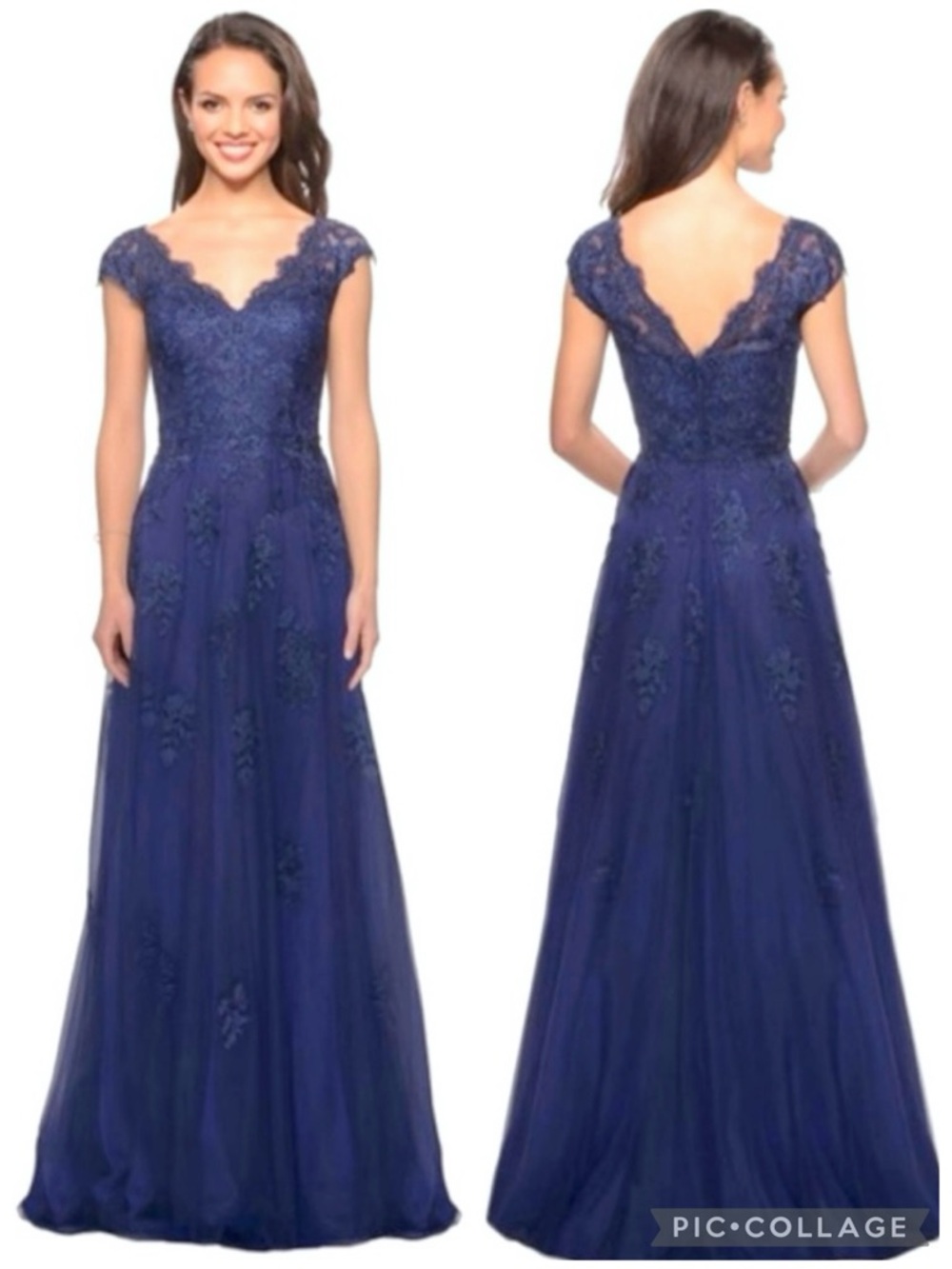 La Femme Evening Gown Dress Marine Blue 10 Embellished Lace Beaded Occasion NWT